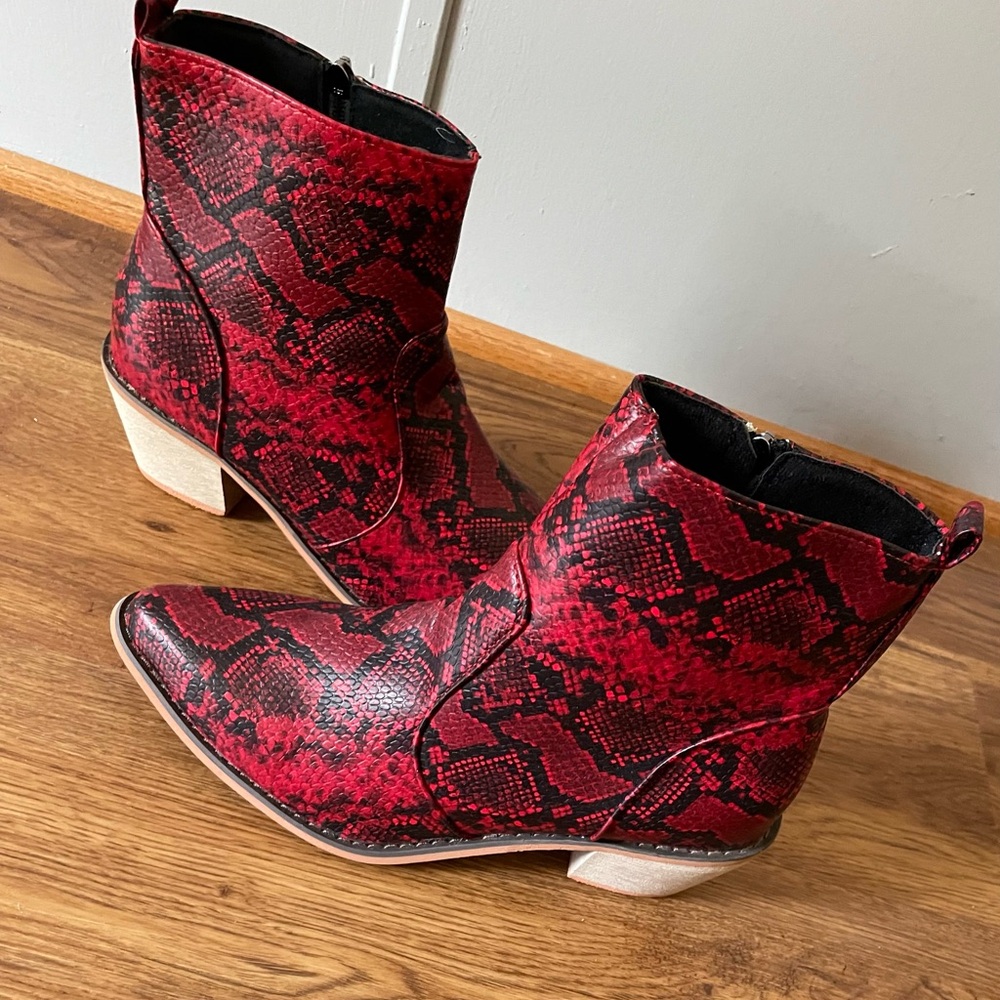 Red Snake Print Ankle Boots